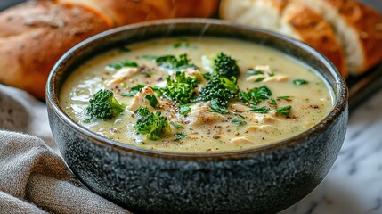 Creamy Soup with Bread and Dip Savory Flavor in a Cozy Kitchen Bowl