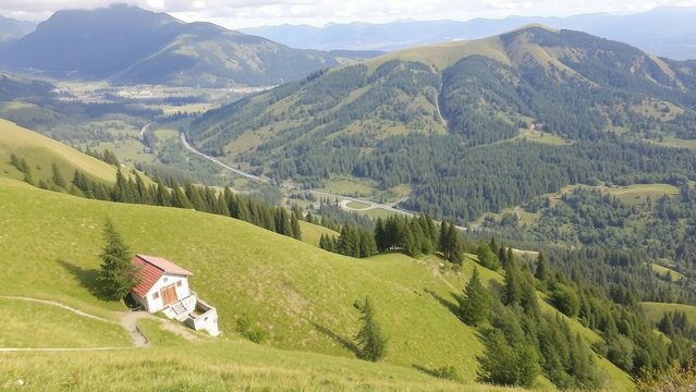 Weite Landschaft mit sanften H&uuml;geln, bewaldeten T&auml;lern und einem fernen Horizont, ideal f&uuml;r Naturfotografie und Reiseinspiration