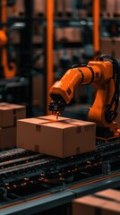 An industrial robotic arm processing a package at a facility