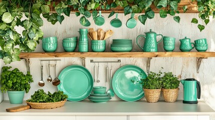 Green kitchenware and plants create a beautiful and natural aesthetic