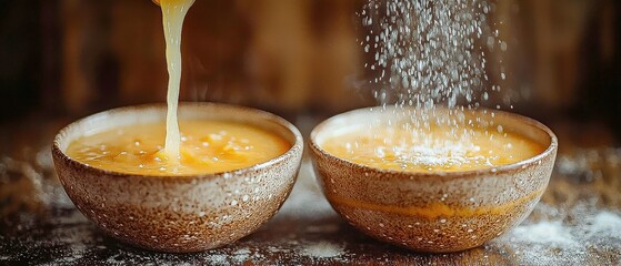 Honey Drizzle Sauce for Cooking with Spoon over Bowl in Kitchen using Liquid and Cooking Saucepan