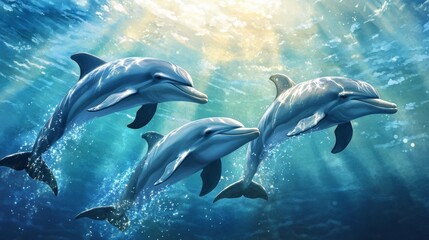 Fototapeta premium Three dolphins swimming in the ocean underwater.