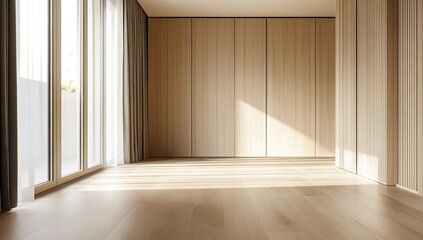 Obraz premium Sunlight Streams into Modern Minimalist Room with Wooden Walls and Flooring, creating a Serene Atmosphere. Light and Spacious Design.