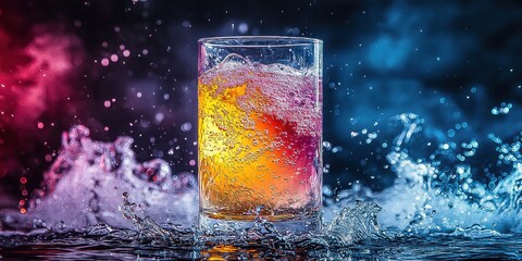 Cosmic Drink Colorful Vibrant Glass with Liquid in Space Nebula Background featuring Stars and Galaxy