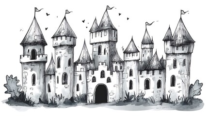 A detailed monochrome illustration of a fantastical fairytale castle