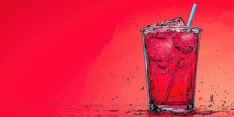 Fizzy Red Soda with Sugar and Carbonation Refreshing Drink from Cup with Straws