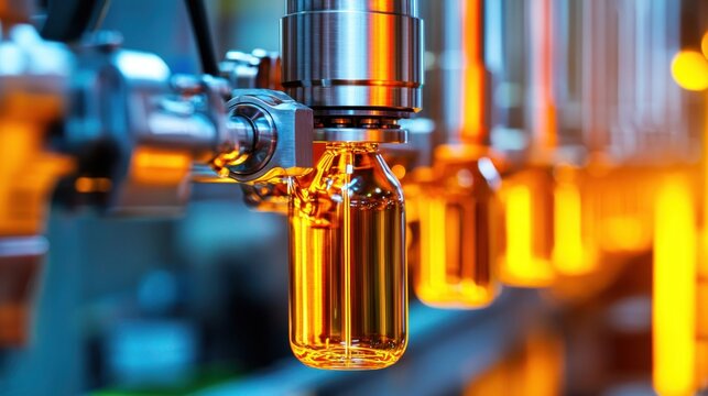 Automated bottling machine filling amber liquid inside glass vials at factory