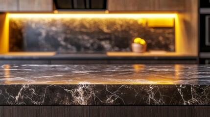 Empty luxurious dark stone kitchen island, glossy marble finish, warm blurred kitchen background with wooden cabinets, bright ambient lighting