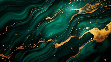 Overhead view, dark green acrylic fluid ocean, golden foam lines forming intricate patterns, marble texture blending, glossy acrylic sheen