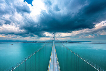 Obraz premium Majestic bridge crossing tranquil waters beneath dramatic storm clouds in early evening light