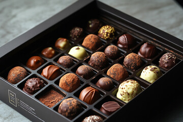 Delicious assortment of handcrafted chocolates in elegant black box showcasing various flavors and textures