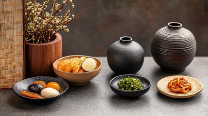 Vibrant Kitchen Decor Colorful Bowl and Vase Set on Wooden Table with Pottery  Beautiful Countertop Display for Dining Area  Table Centerpiece Ideas for Home Decorating