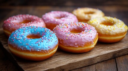 Colorful Donuts Arranged On Wooden Board
