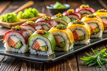 Sushi rolls with salmon and vegetables on a plate, fresh and gourmet meal