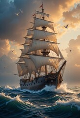 Fototapeta premium Historic Nautical Vessel Embarking on a Journey Amidst Sunset Magic