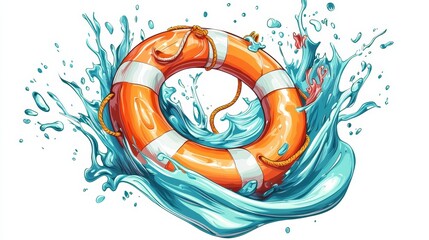 Vibrant lifebuoy floating in a small splash of water, cartoon illustration with bold outlines, isolated on white, fun summer theme