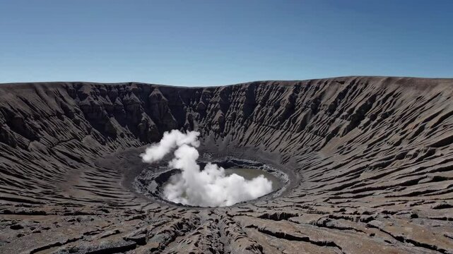 White smoke billowing from Mount Bromo crater, revealing geological power within East Java's dramatic volcanic landscape against blue sky backdrop