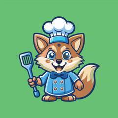 Cartoon Fox Chef Mascot with Utensils Vector Logo Design