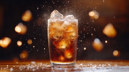 Iced Brown Soda Drink Bubbles Splashing Glass
