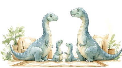 Naklejka premium Adorable watercolor illustration of a dinosaur family with two parents and two babies sitting together on a rug in a cozy living room setting.