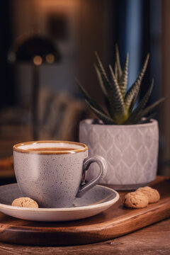 Cozy Coffee Moment with Succulent and Cookies