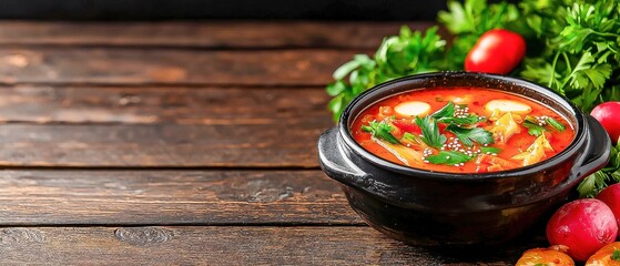 Wooden Spoon Stirring Homemade Soup Over Bowl with Wooden Table and Sauce on Side at Kitchen Dinner Table Setup for Cooking and Serving Food Ingredients