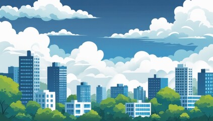 Ilustración digital de una zona urbana  o ciudad compuesta por edificios y torres de diferentes  tamaños.