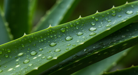 A high-resolution, ultra-detailed shot of Aloe vera leaves layered upon one another, glistening with morning dew, 16:9
