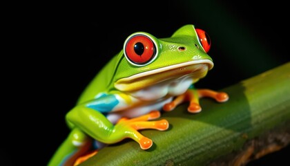 Obraz premium Tiny red-eyed tree frog calling at night, vibrant green skin, red eyes, jungle
