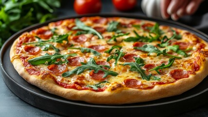 Delicious Pepperoni Pizza Topped With Fresh Arugula