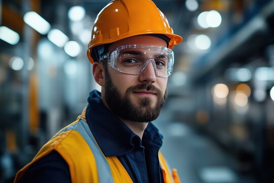 A confident male construction worker wearing a hard hat and safety glasses, standing in a well-lit industrial environment. He is dressed in a high-visibility vest, showcasing safety gear.
