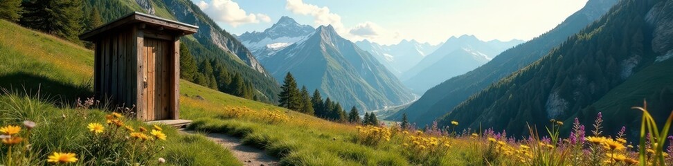 Fototapeta premium Alpine panorama viewed from rustic outhouse toilet, rural, sky, toilet