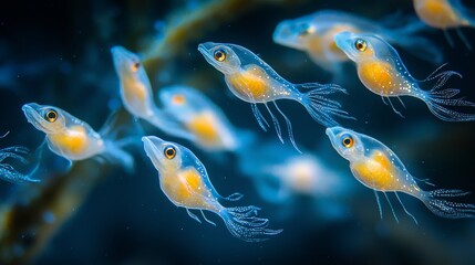 Fototapeta premium Serene underwater shot of a school of tiny exotic fish, translucent bodies glowing in faint bioluminescent light, endless blue backdrop