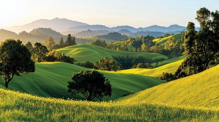 Fototapeta premium Green rolling hills are illuminated by warm golden sunlight and shadows