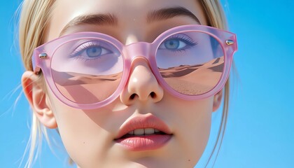 Fototapeta premium Blonde woman in pink sunglasses reflecting desert landscape - seeing the world differently
