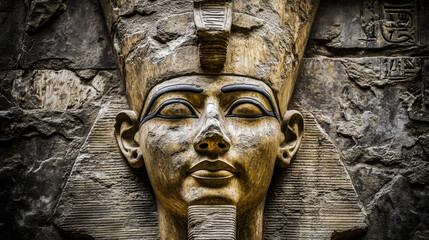 A close-up of a regal Egyptian pharaoh sculpted in relief, his stern expression captured in polished golden hues. His muscular form is adorned with a traditional nemes headdress and broad collar nec