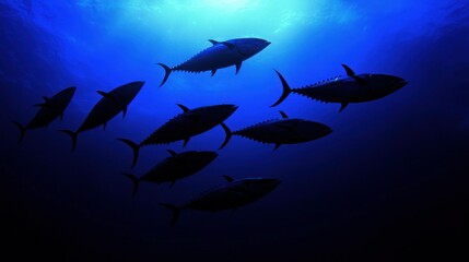 A group of large fish swimming underwater in the deep sea