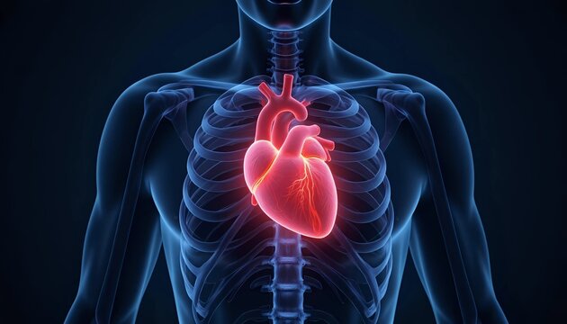 Vibrant red human heart in a translucent body - vital organ health