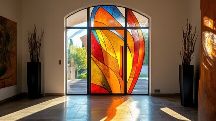 Vibrant stained glass door modern home interior design natural light artistic viewpoint contemporary aesthetics