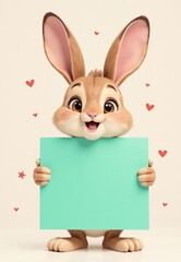 Cartoon Bunny Holding a Teal Sign