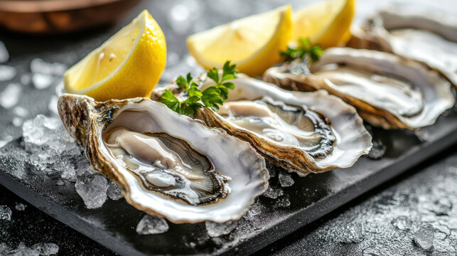 Fresh oysters with lemon wedges on sleek chilled platter, elegant seafood appetizer in upscale setting, gourmet photo
