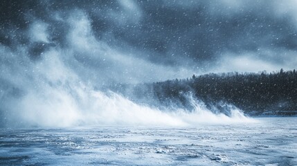 Freezing spectacle: winter snowstorm engulfs a tranquil frozen landscape with trees