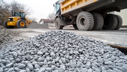 Obraz premium Construction Aggregate: Heavy Equipment Moves Crushed Stone for Road Construction Project