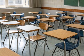 A classroom with empty desks and chairs, creating a quiet and organized learning environment.