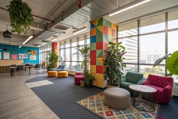 A vibrant office space featuring colorful seating, plants, and large windows, promoting a lively and creative work environment.