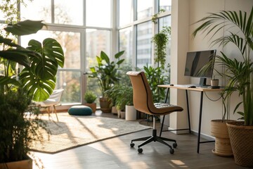 A bright workspace featuring a desk, chair, and plants, with large windows allowing natural light to fill the room.