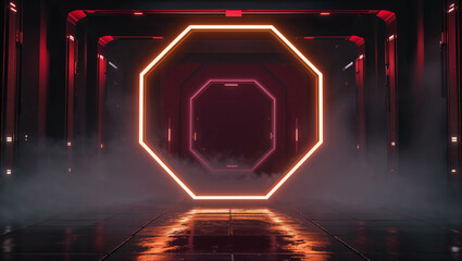 Fototapeta premium A futuristic cyberpunk scene with a glowing neon octagonal frame, emitting a gradient of amber orange and deep burgundy light.