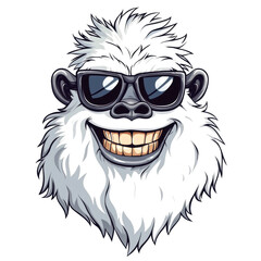 Portrait of cartoon smiling yeti or bigfoot hairy character wearing sunglasses on isolated white background