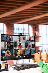 Manager talking with employees during videocall from home, looking over paperwork, organizing job shifts. Supervisor doing remote teleconference meeting with staff members, checking documents