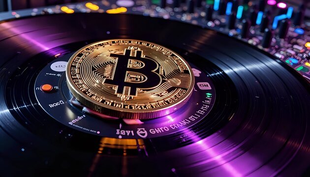 Golden bitcoin on vinyl record with DJ mixer in background - cryptocurrency meets music
